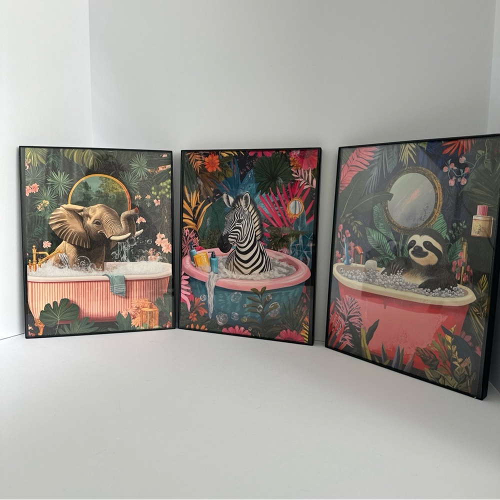 Whimsical Jungle Bath Animal Wall Art - Pink, Blue, Green